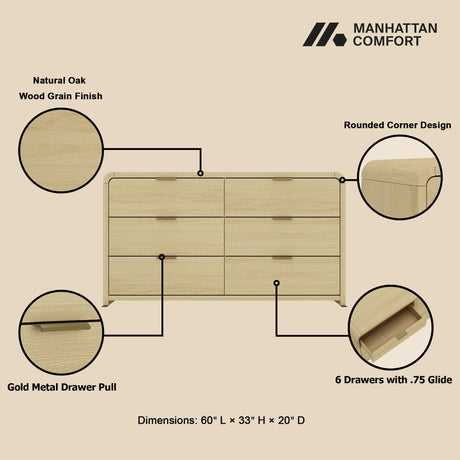 Grace 60" Double Dresser in Natural Oak and Gold by Manhattan Comfort at Eve Furniture