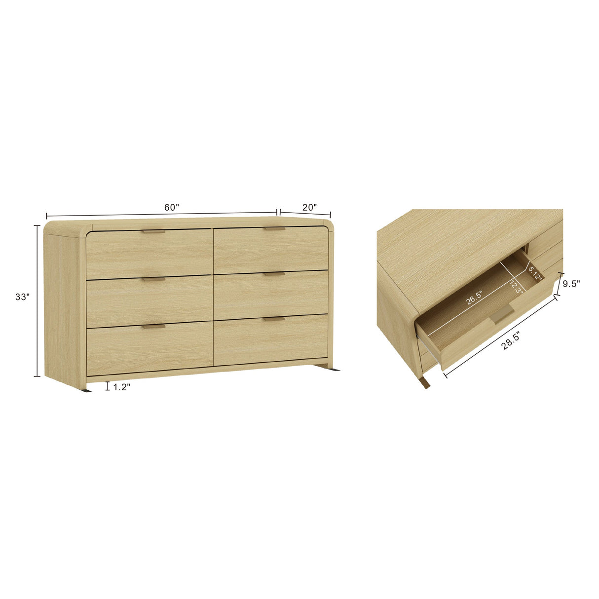 Grace 60" Double Dresser in Natural Oak and Gold by Manhattan Comfort at Eve Furniture