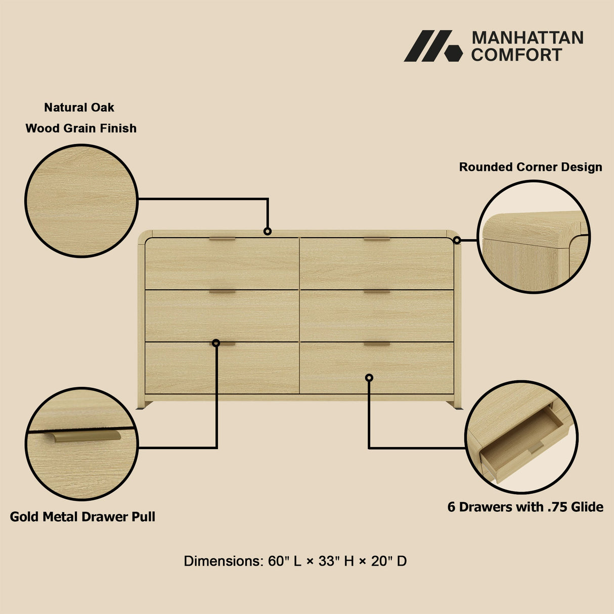 Grace 60" Double Dresser in Natural Oak and Gold by Manhattan Comfort at Eve Furniture