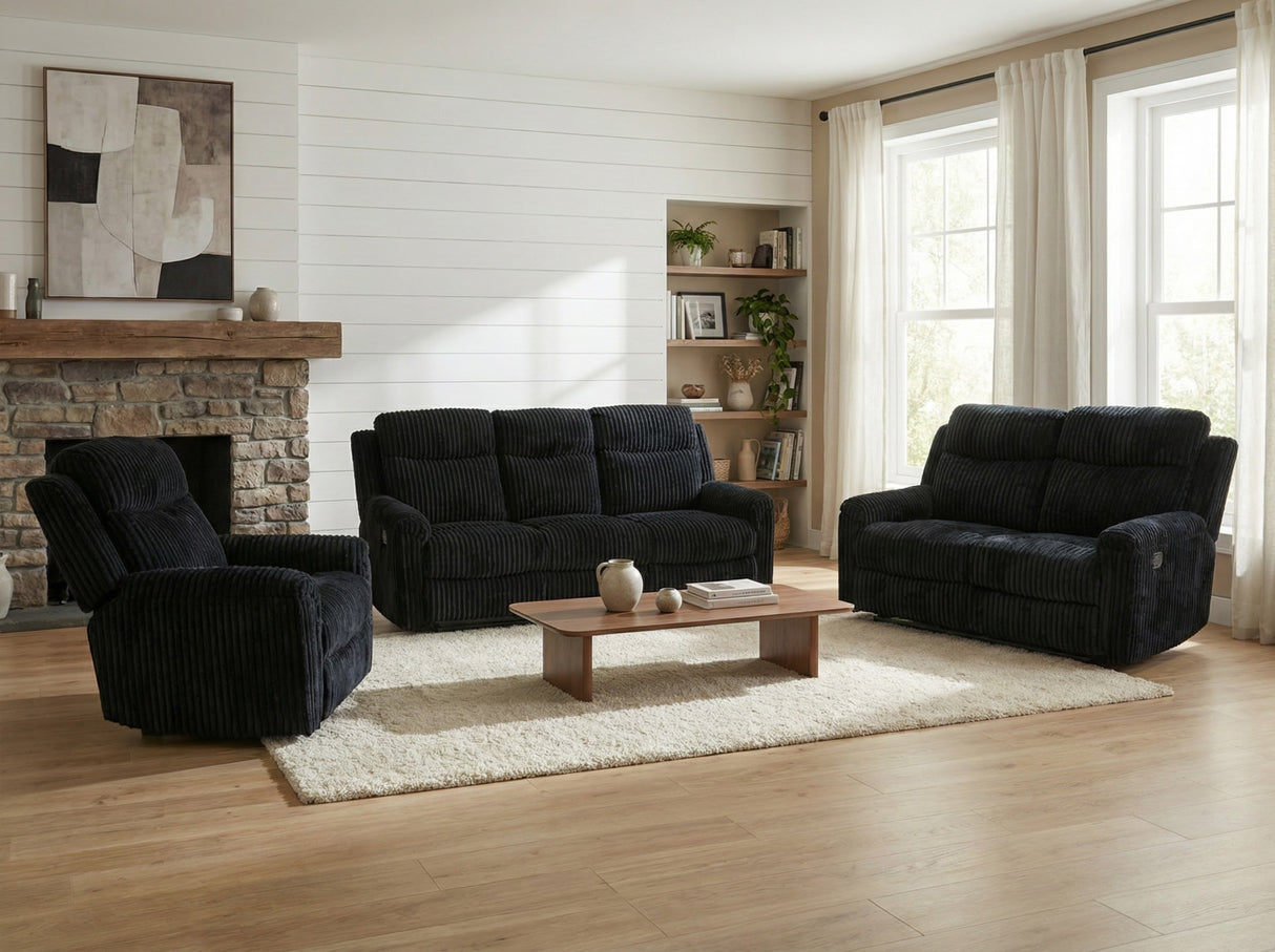 Grace Black Corduroy 3-Piece Reclining Set by New Era Innovations at Eve Furniture