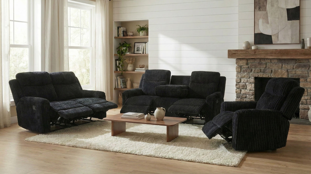 Grace Black Corduroy 3-Piece Reclining Set by New Era Innovations at Eve Furniture