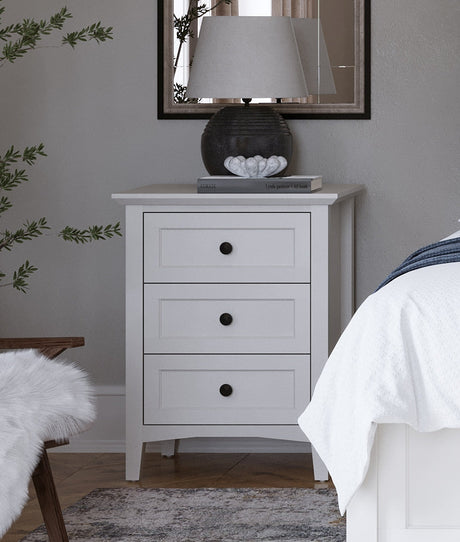 Grace Three Drawer Nightstand in Snowfall White by Modus Furniture at Eve Furniture