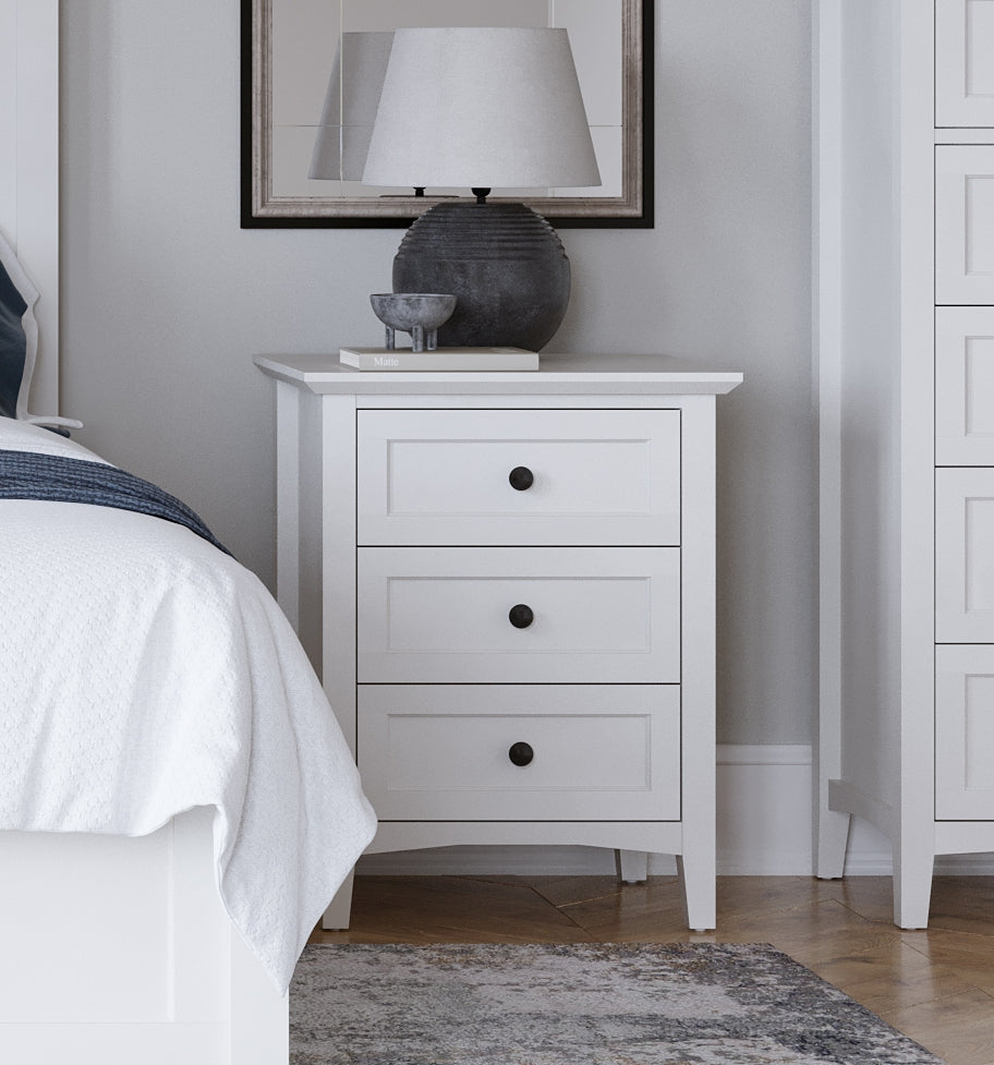 Grace Three Drawer Nightstand in Snowfall White by Modus Furniture at Eve Furniture