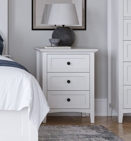 Grace Three Drawer Nightstand in Snowfall White by Modus Furniture at Eve Furniture