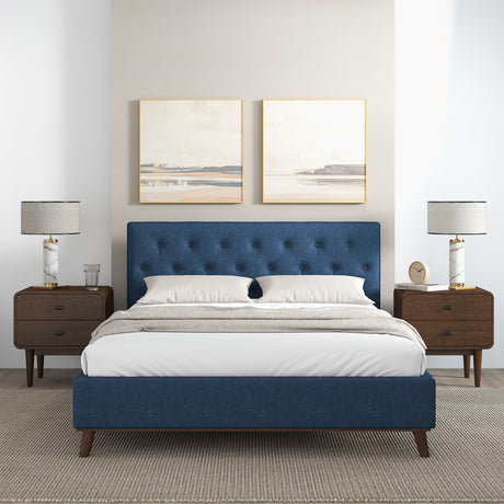 Graceville Mid-Century Modern Queen//King Navy Blue Fabric Platform Bed King