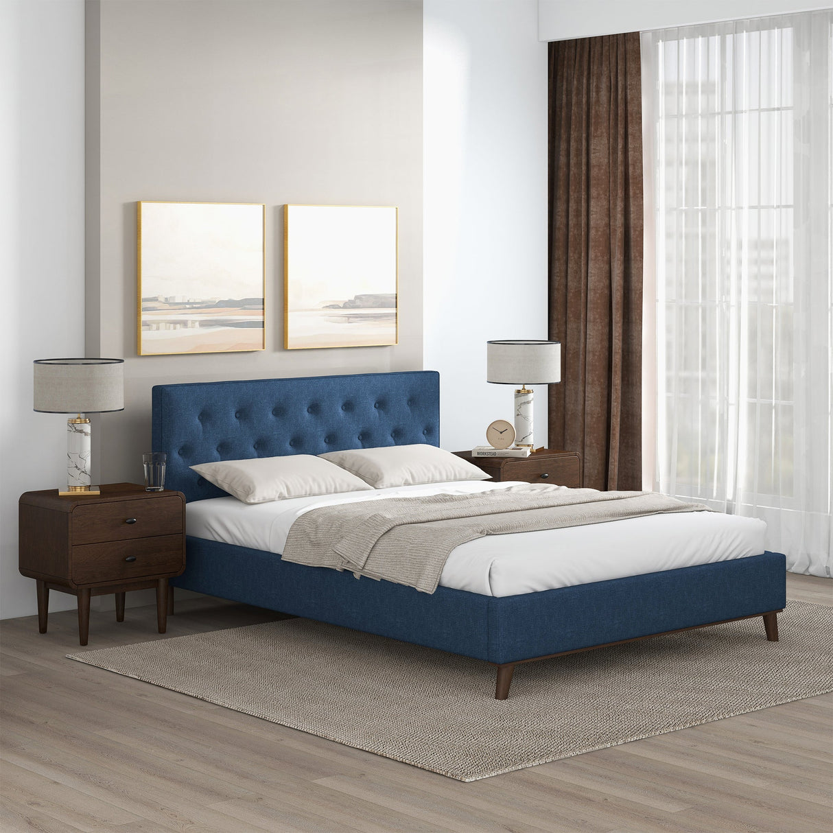 Graceville Mid-Century Modern Queen//King Navy Blue Fabric Platform Bed King