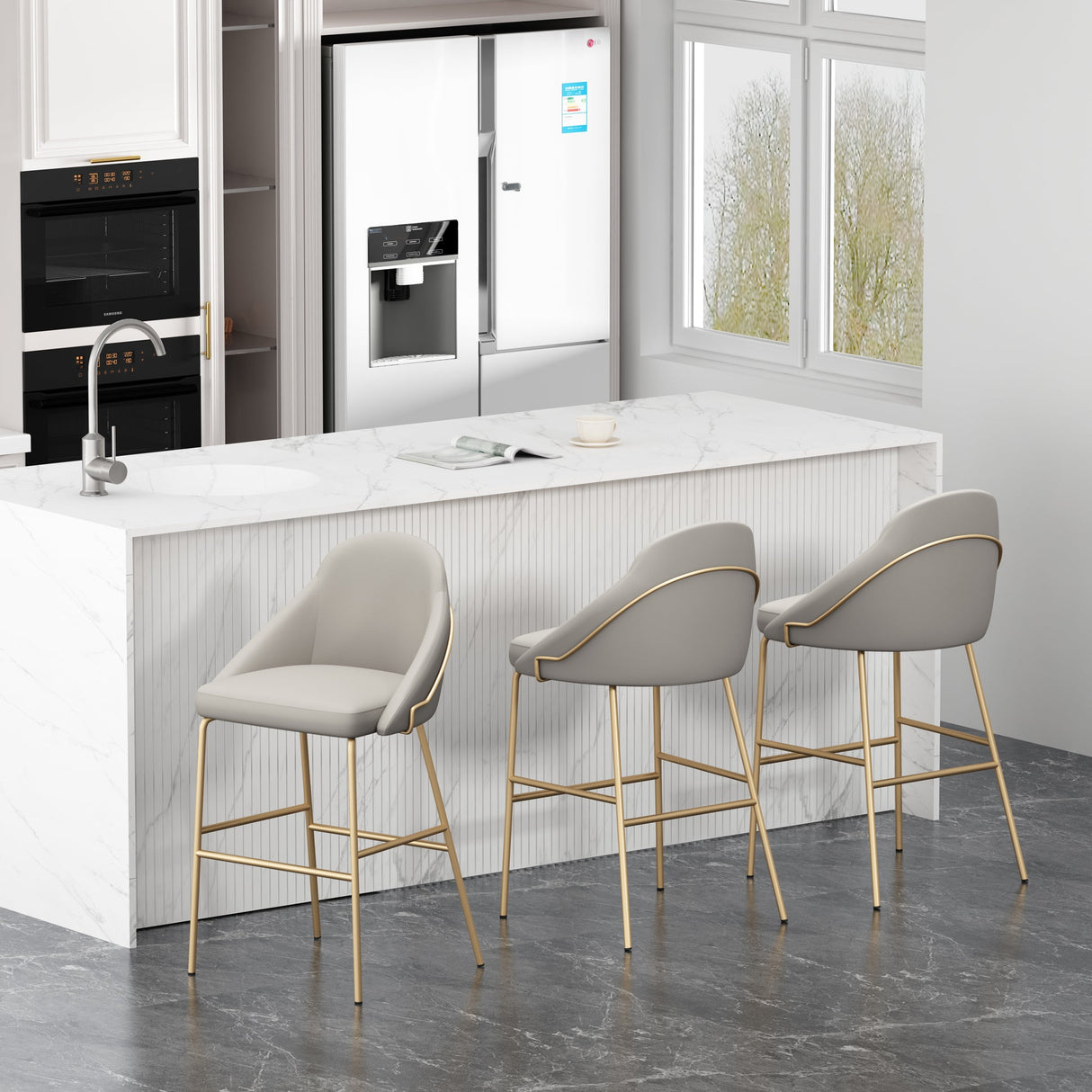Gracie Barstool in Stone and Gold (set of 3) by Manhattan Comfort at Eve Furniture