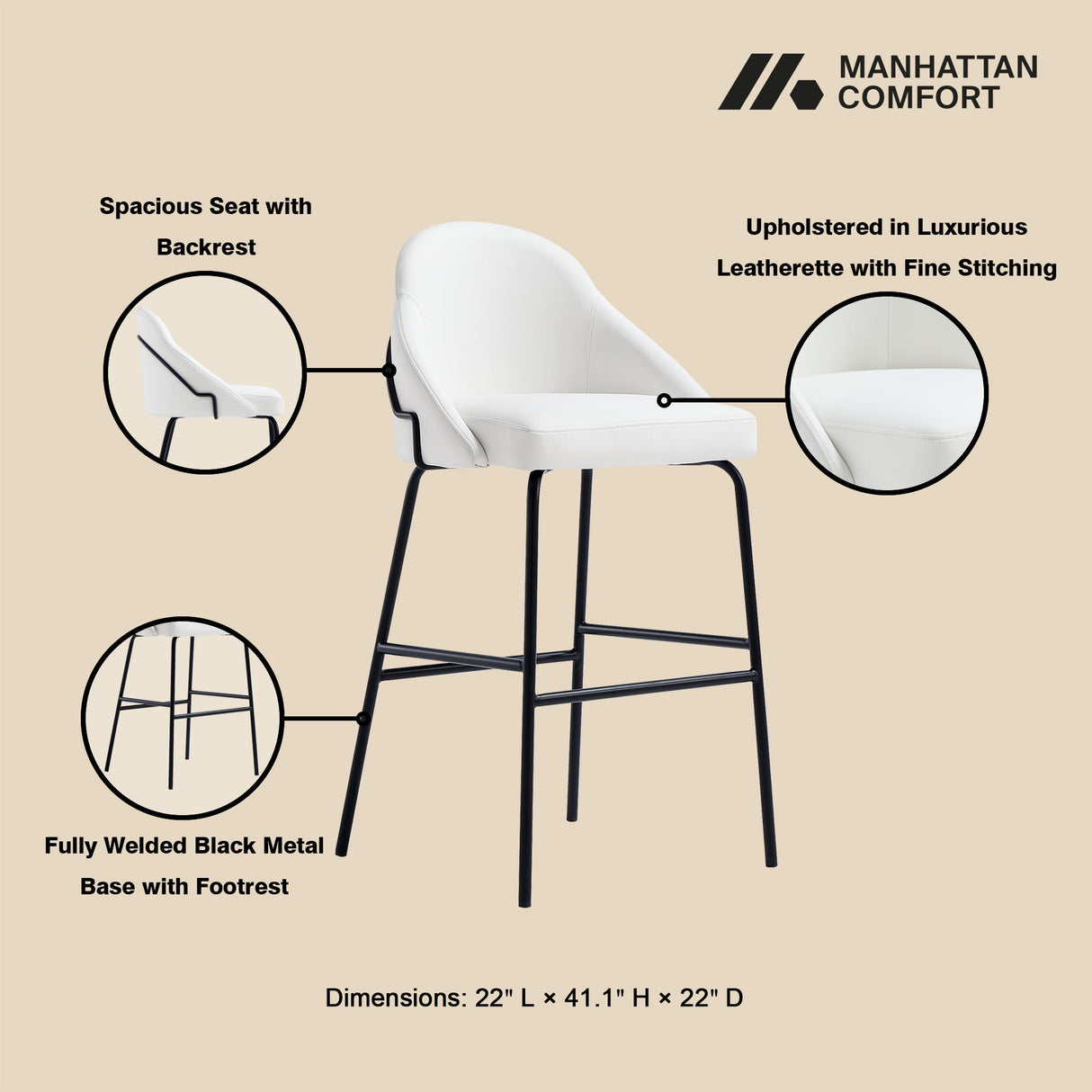 Gracie Barstool in White and Black by Manhattan Comfort at Eve Furniture