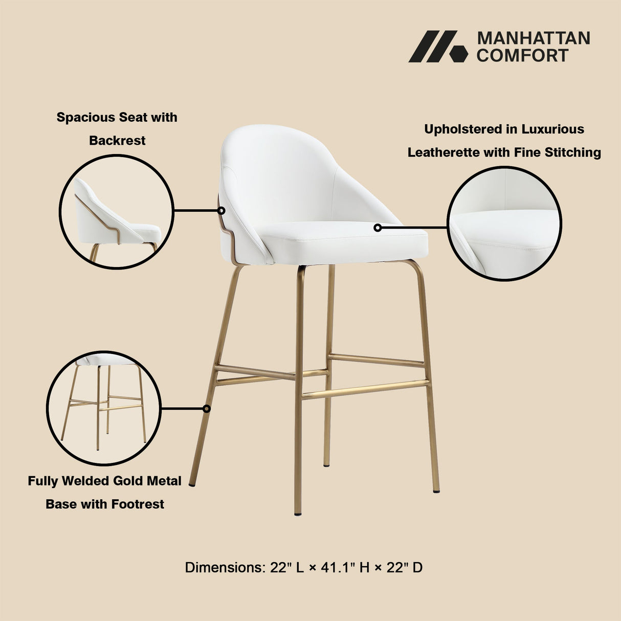 Gracie Barstool in White and Gold by Manhattan Comfort at Eve Furniture