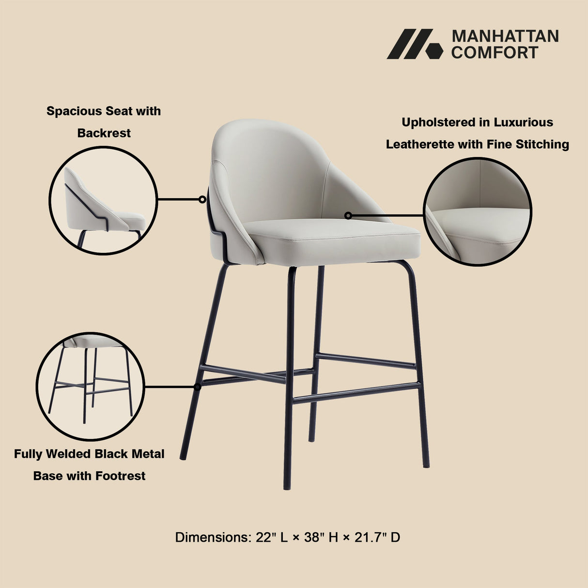 Gracie Counter Stool in Stone and Black by Manhattan Comfort at Eve Furniture