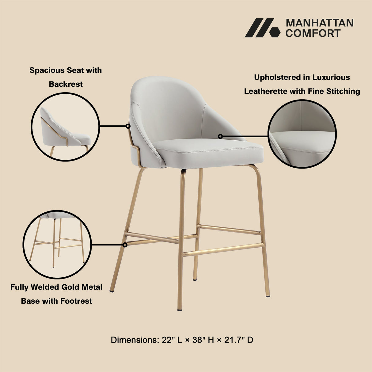 Gracie Counter Stool in Stone and Gold by Manhattan Comfort at Eve Furniture