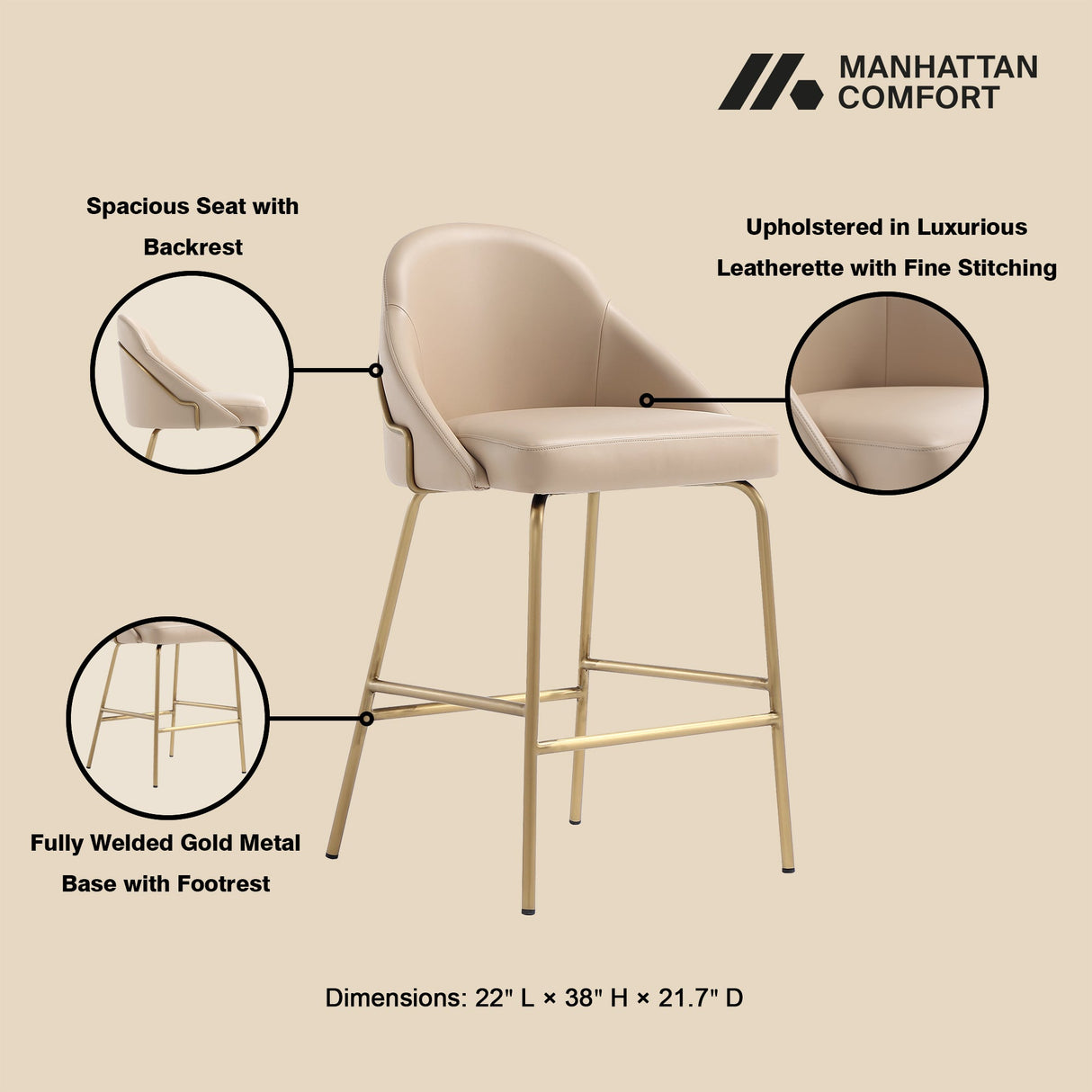 Gracie Counter Stool in Tan and Gold by Manhattan Comfort at Eve Furniture