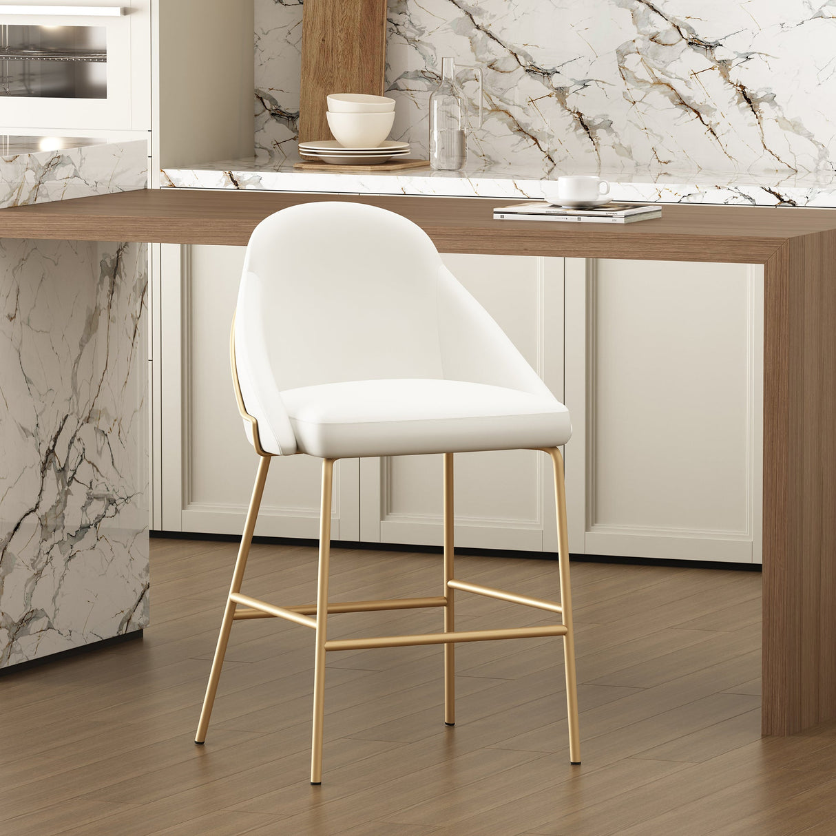 Gracie Counter Stool in White and Gold by Manhattan Comfort at Eve Furniture