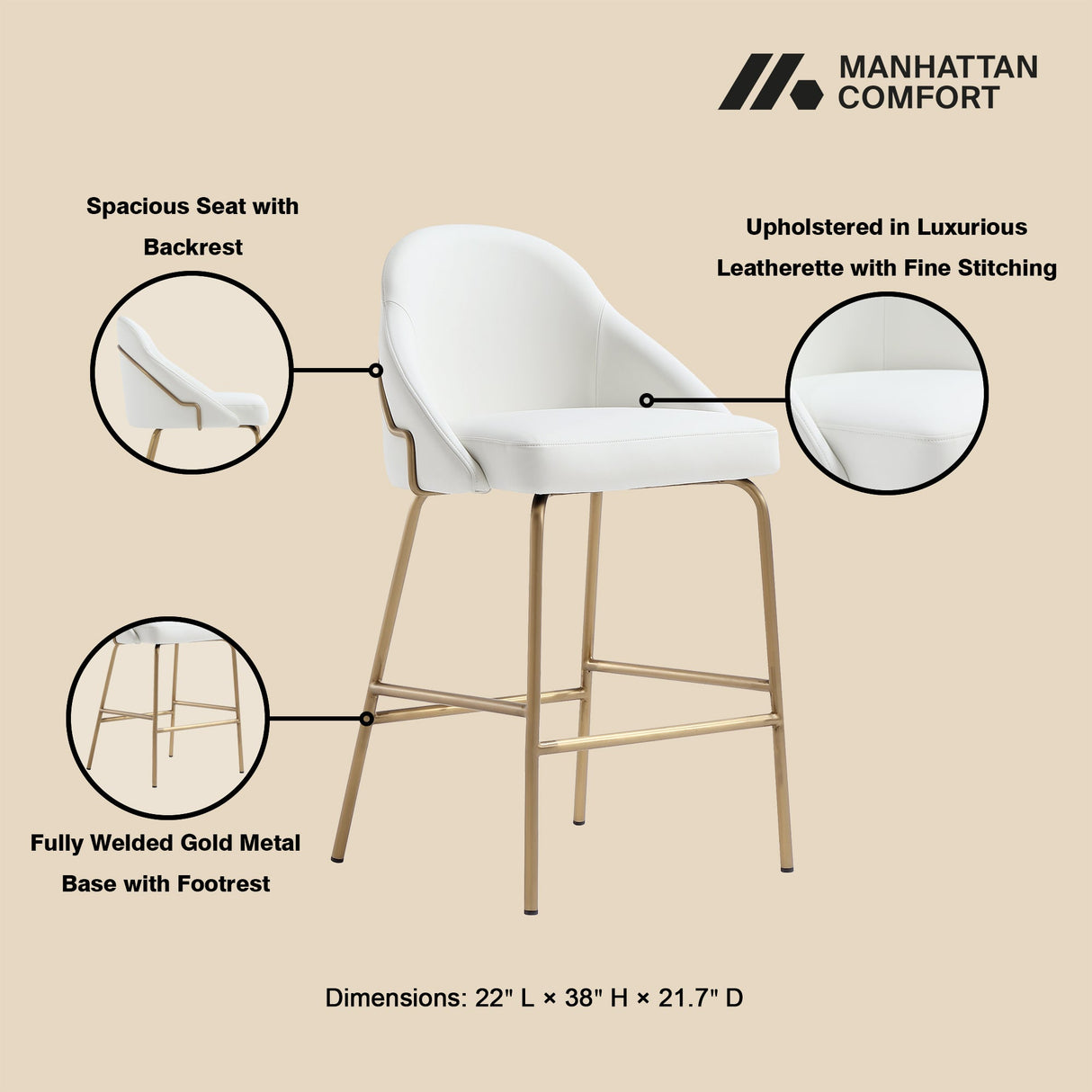 Gracie Counter Stool in White and Gold by Manhattan Comfort at Eve Furniture