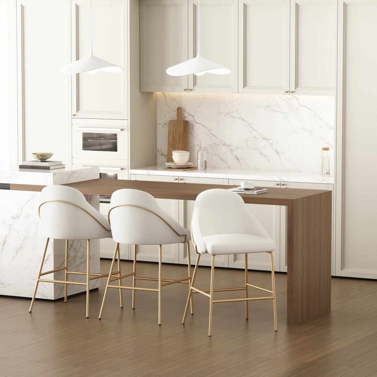 Gracie Counter Stool in White and Gold (set of 3) by Manhattan Comfort at Eve Furniture