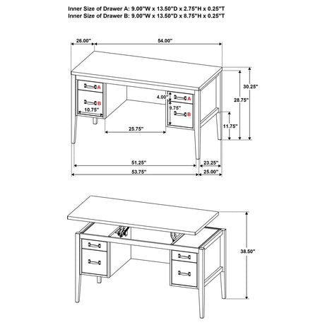 Graham Chocolate 54-inch 4-drawer Double Pedestal Lift Top Computer Desk by Coaster at Eve Furniture