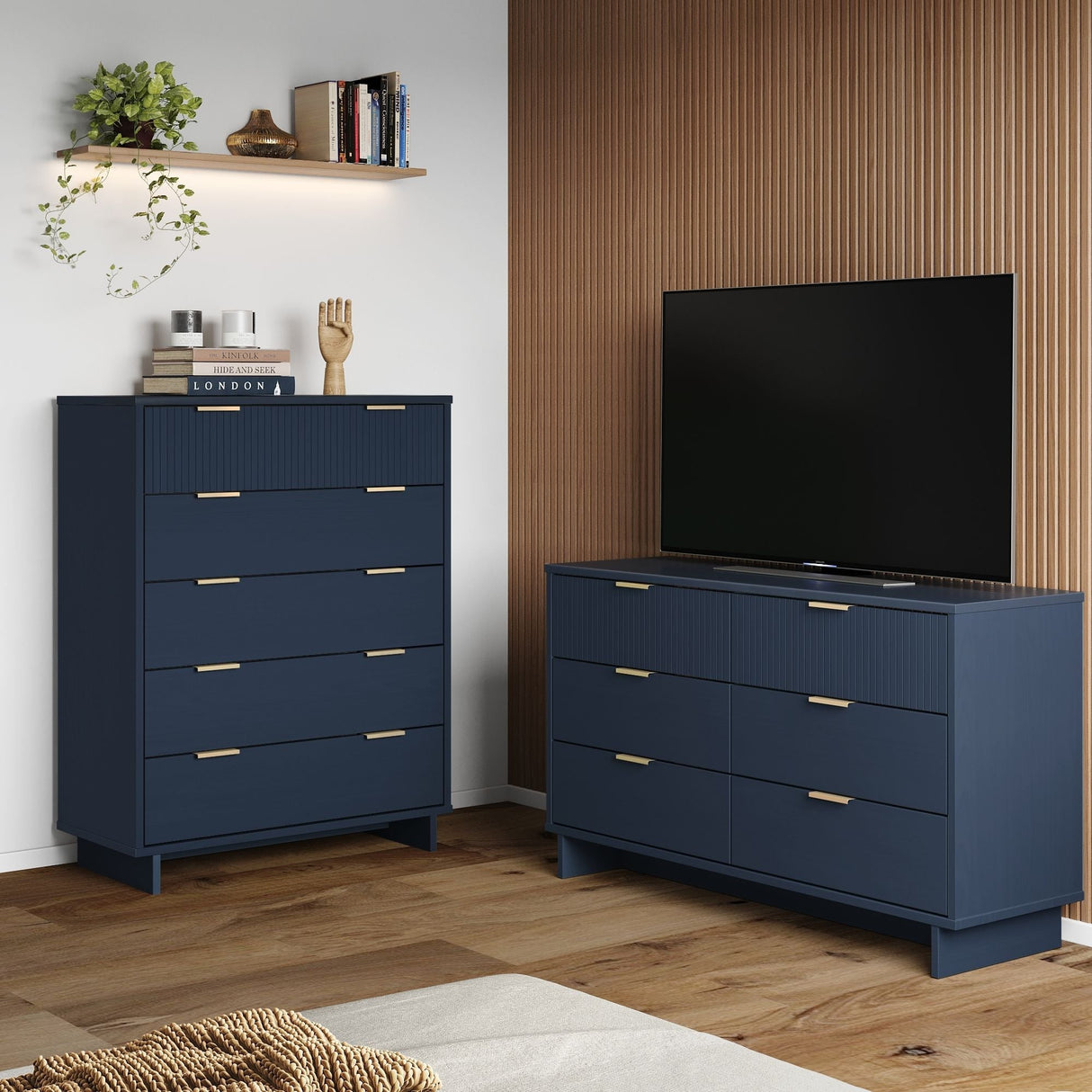 Granville 2-Piece Tall Chest and Double Dresser Set in Midnight Blue by Manhattan Comfort at Eve Furniture