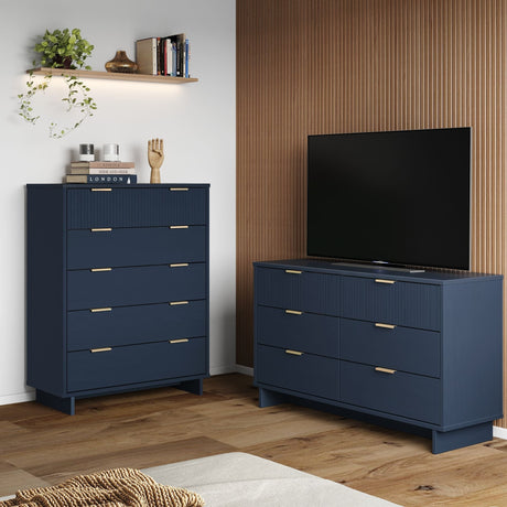 Granville 2-Piece Tall Chest and Double Dresser Set in Midnight Blue by Manhattan Comfort at Eve Furniture