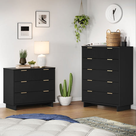 Granville 2-Piece Tall Chest and Standard Dresser Set in Black by Manhattan Comfort at Eve Furniture