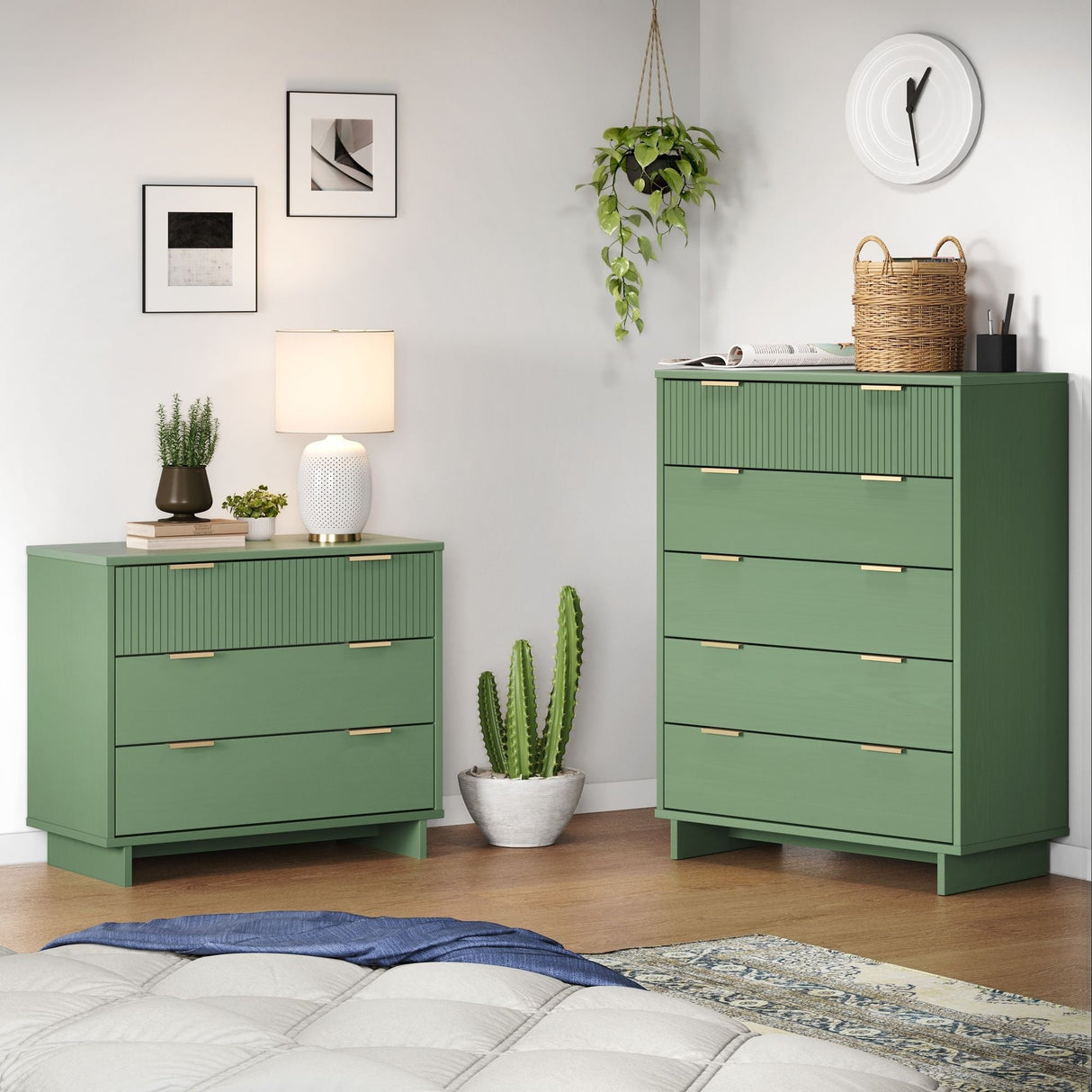 Granville 2-Piece Tall Chest and Standard Dresser Set in Sage Green by Manhattan Comfort at Eve Furniture