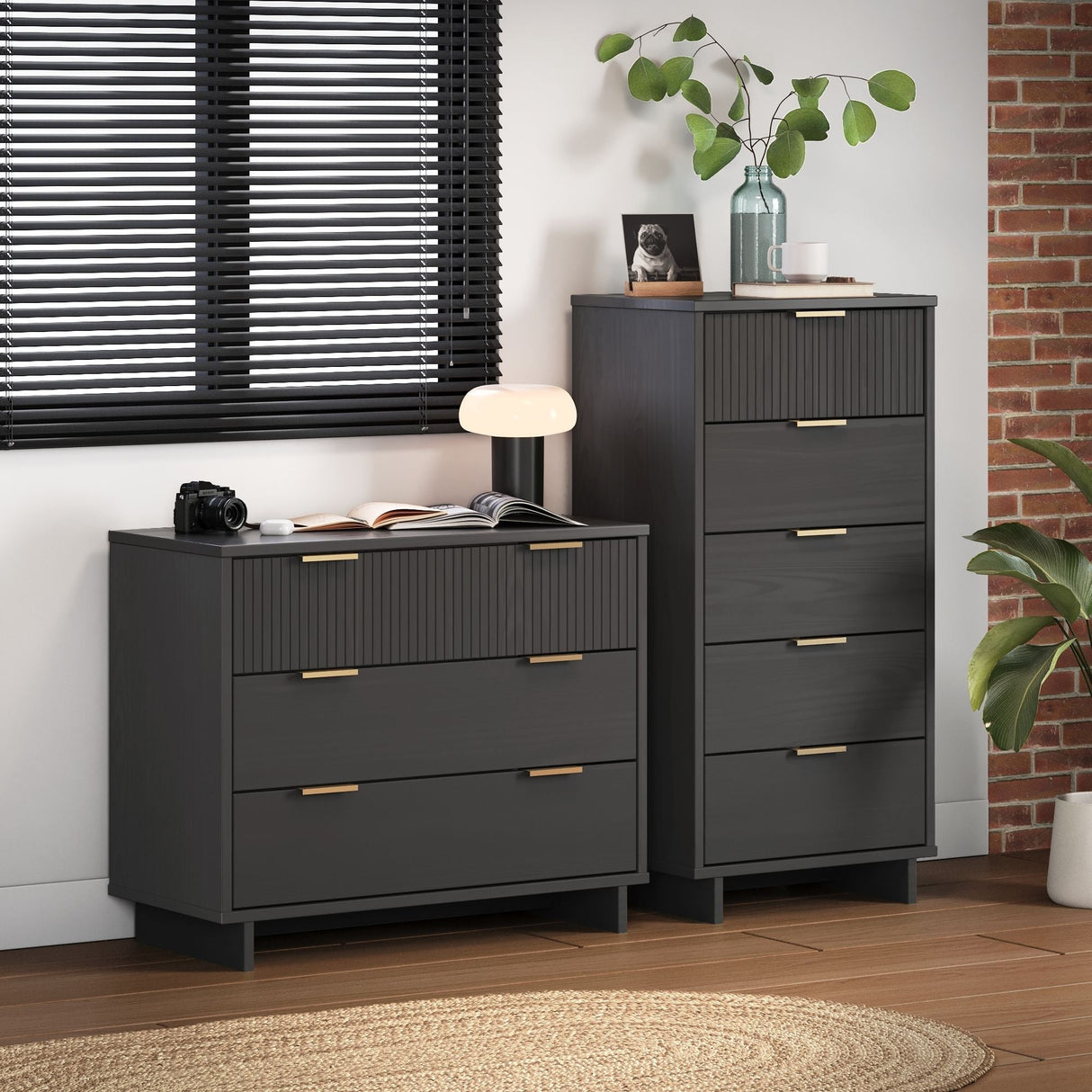 Granville 2-Piece Tall Narrow and Standard Dresser Set in Dark Grey by Manhattan Comfort at Eve Furniture