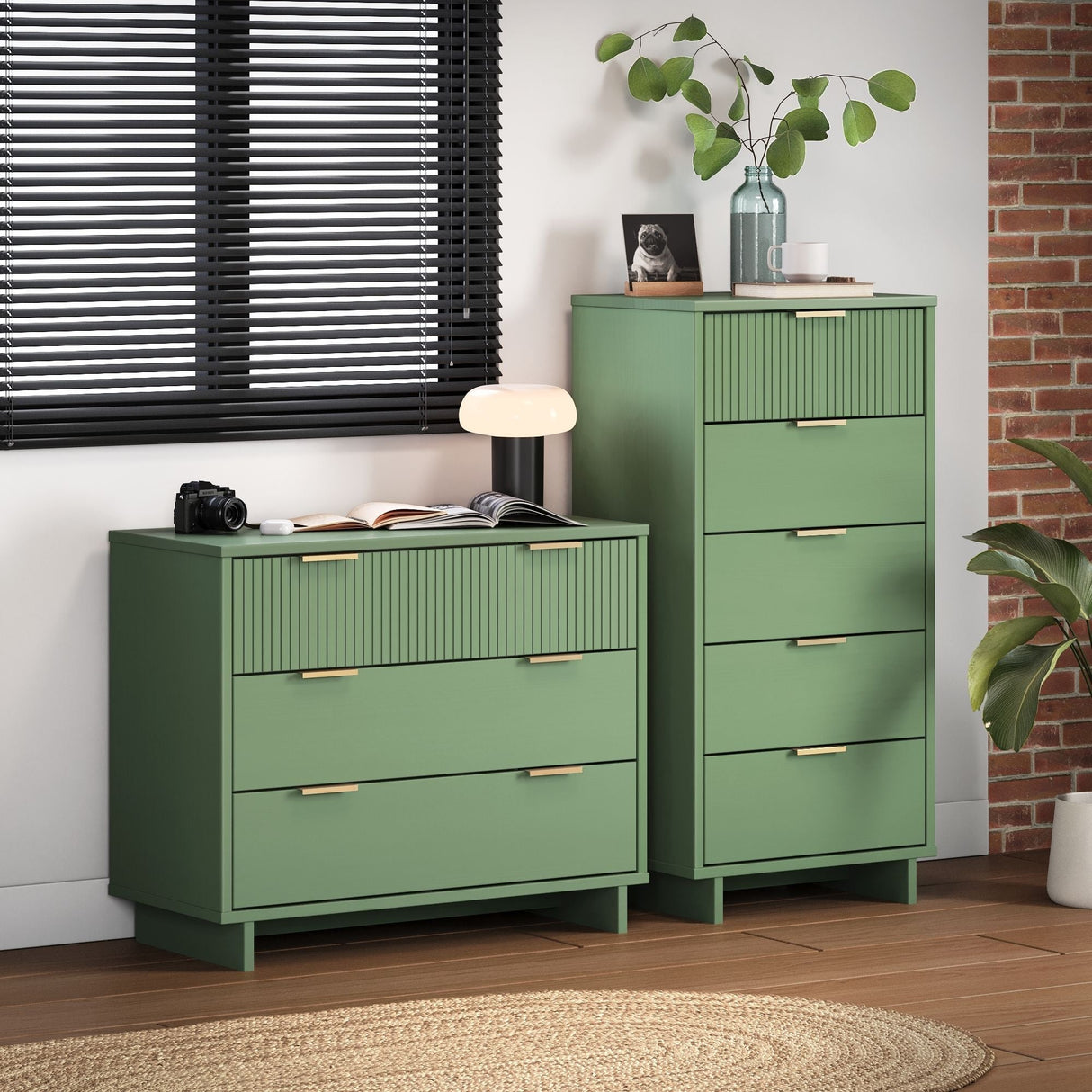 Granville 2-Piece Tall Narrow and Standard Dresser Set in Sage Green by Manhattan Comfort at Eve Furniture