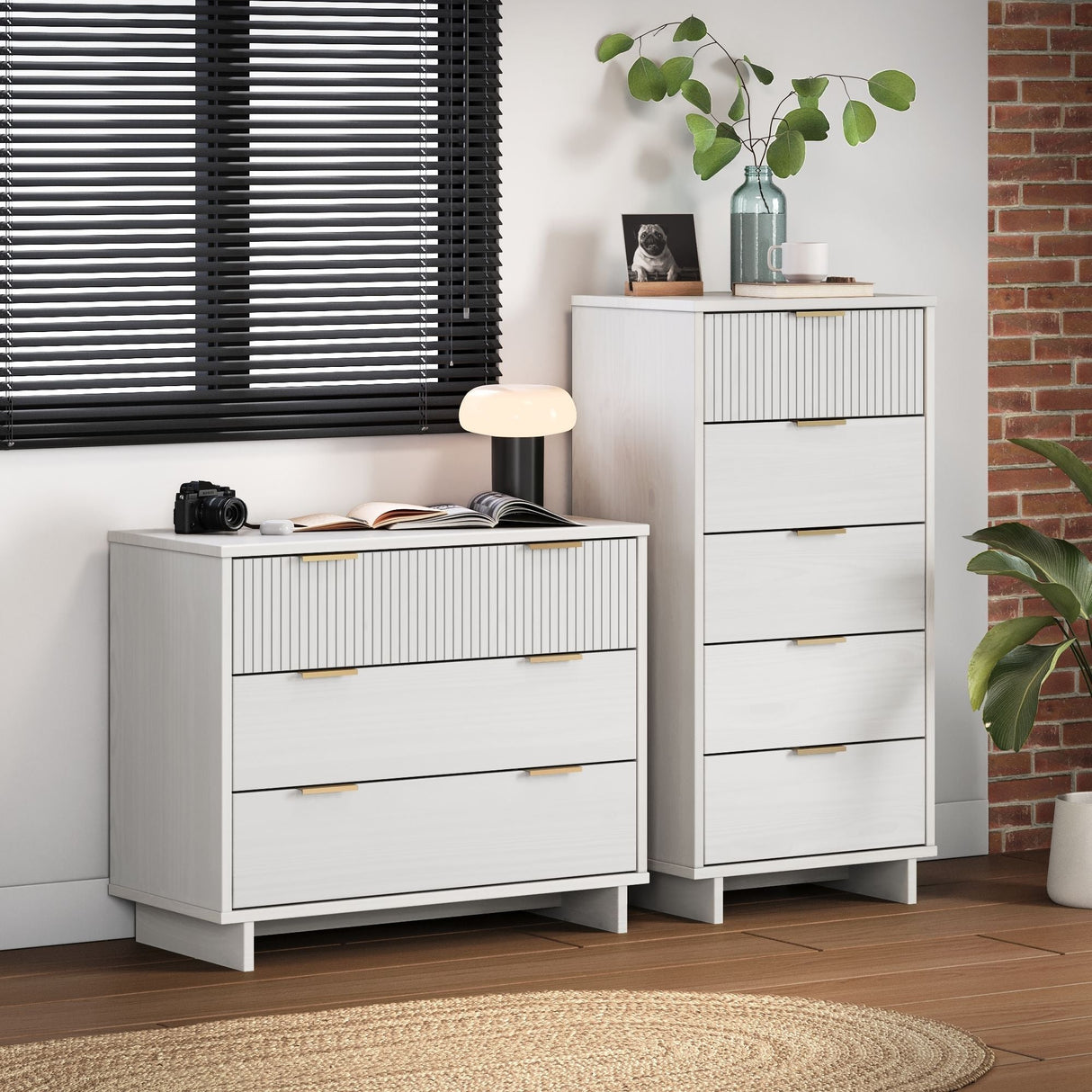 Granville 2-Piece Tall Narrow and Standard Dresser Set in White by Manhattan Comfort at Eve Furniture