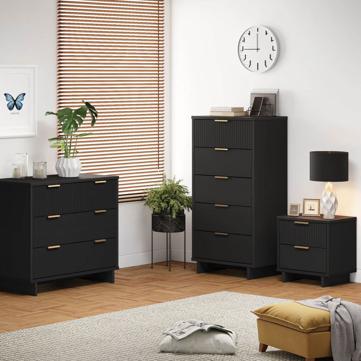 Granville 3-Piece Standard Dresser, Tall Narrow Chest and Nightstand Set in Black by Manhattan Comfort at Eve Furniture