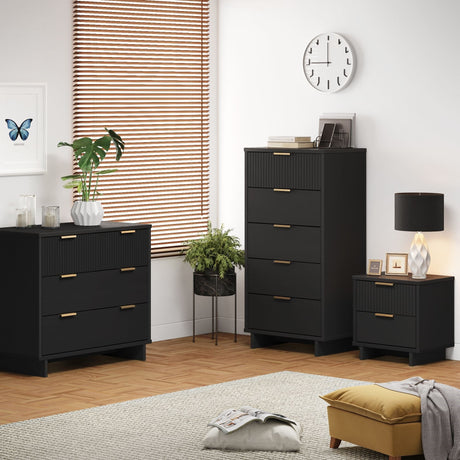 Granville 3-Piece Standard Dresser, Tall Narrow Chest and Nightstand Set in Black by Manhattan Comfort at Eve Furniture
