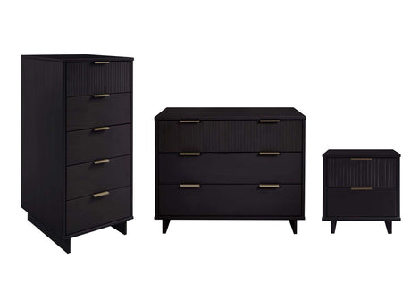 Granville 3-Piece Standard Dresser, Tall Narrow Chest and Nightstand Set in Black by Manhattan Comfort at Eve Furniture