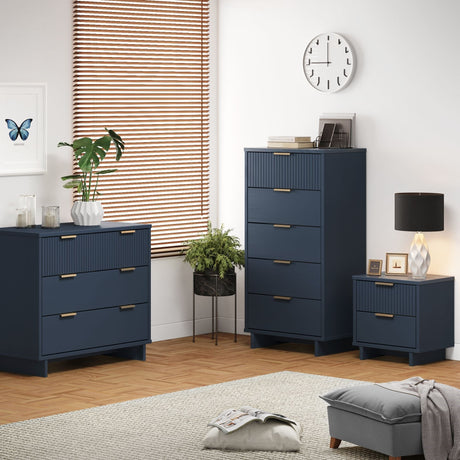 Granville 3-Piece Standard Dresser, Tall Narrow Chest and Nightstand Set in Midnight Blue by Manhattan Comfort at Eve Furniture