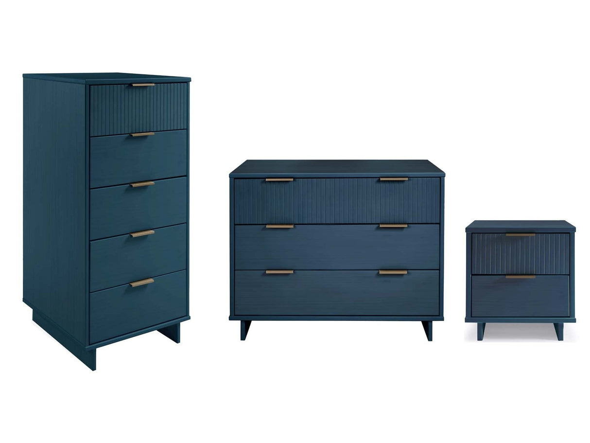 Granville 3-Piece Standard Dresser, Tall Narrow Chest and Nightstand Set in Midnight Blue by Manhattan Comfort at Eve Furniture