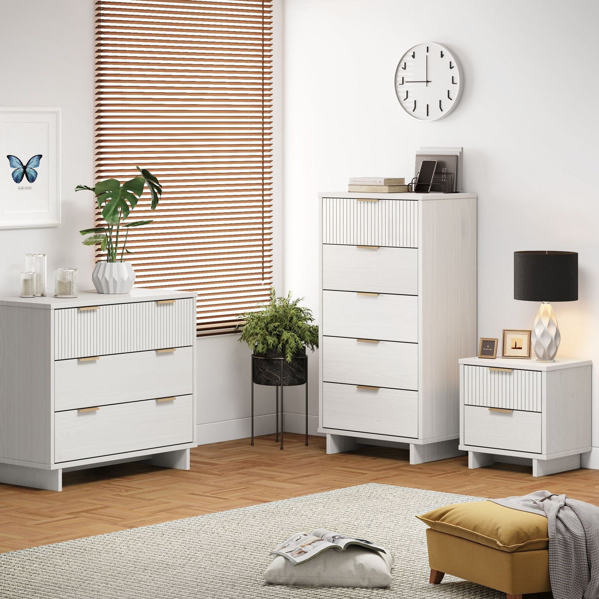 Granville 3-Piece Standard Dresser, Tall Narrow Chest and Nightstand Set in White by Manhattan Comfort at Eve Furniture