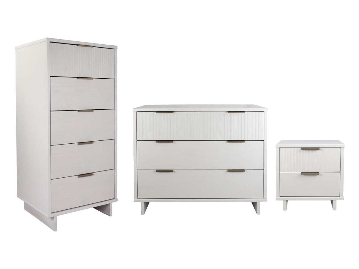 Granville 3-Piece Standard Dresser, Tall Narrow Chest and Nightstand Set in White by Manhattan Comfort at Eve Furniture