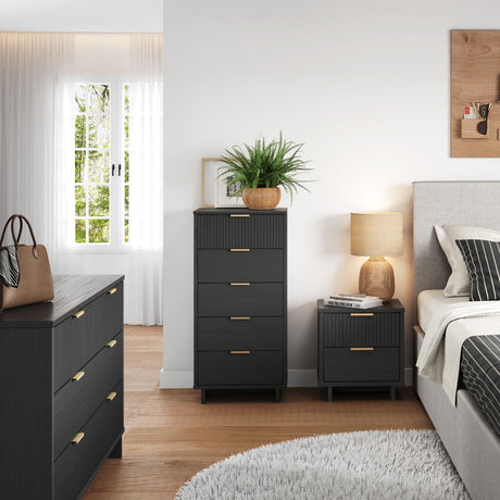 Granville 3-Piece Tall Narrow Chest, Double Dresser and Nightstand Set in Dark Grey by Manhattan Comfort at Eve Furniture