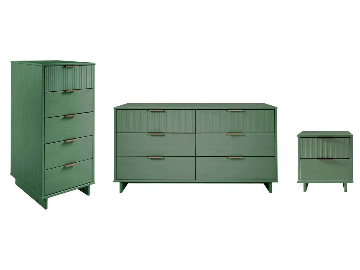 Granville 3-Piece Tall Narrow Chest, Double Dresser and Nightstand Set in Sage Green by Manhattan Comfort at Eve Furniture