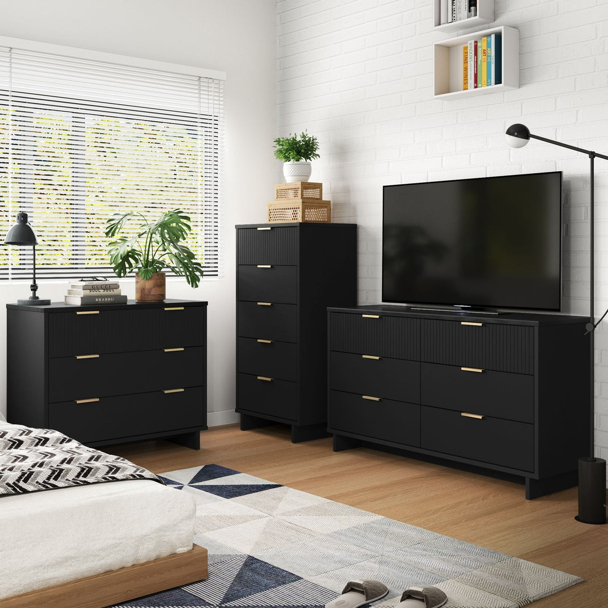Granville 3-Piece Tall Narrow Chest, Double Dresser Set and Standard Dresser Set in Black by Manhattan Comfort at Eve Furniture