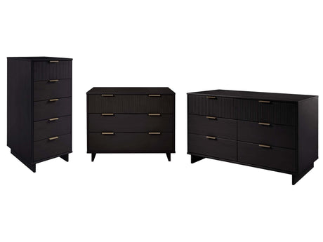 Granville 3-Piece Tall Narrow Chest, Double Dresser Set and Standard Dresser Set in Black by Manhattan Comfort at Eve Furniture