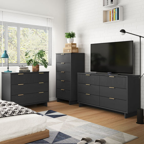 Granville 3-Piece Tall Narrow Chest, Double Dresser Set and Standard Dresser Set in Dark Grey by Manhattan Comfort at Eve Furniture