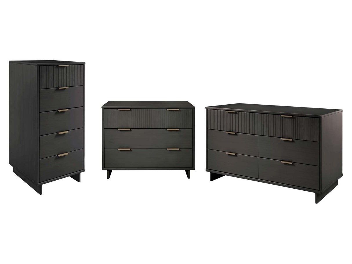 Granville 3-Piece Tall Narrow Chest, Double Dresser Set and Standard Dresser Set in Dark Grey by Manhattan Comfort at Eve Furniture