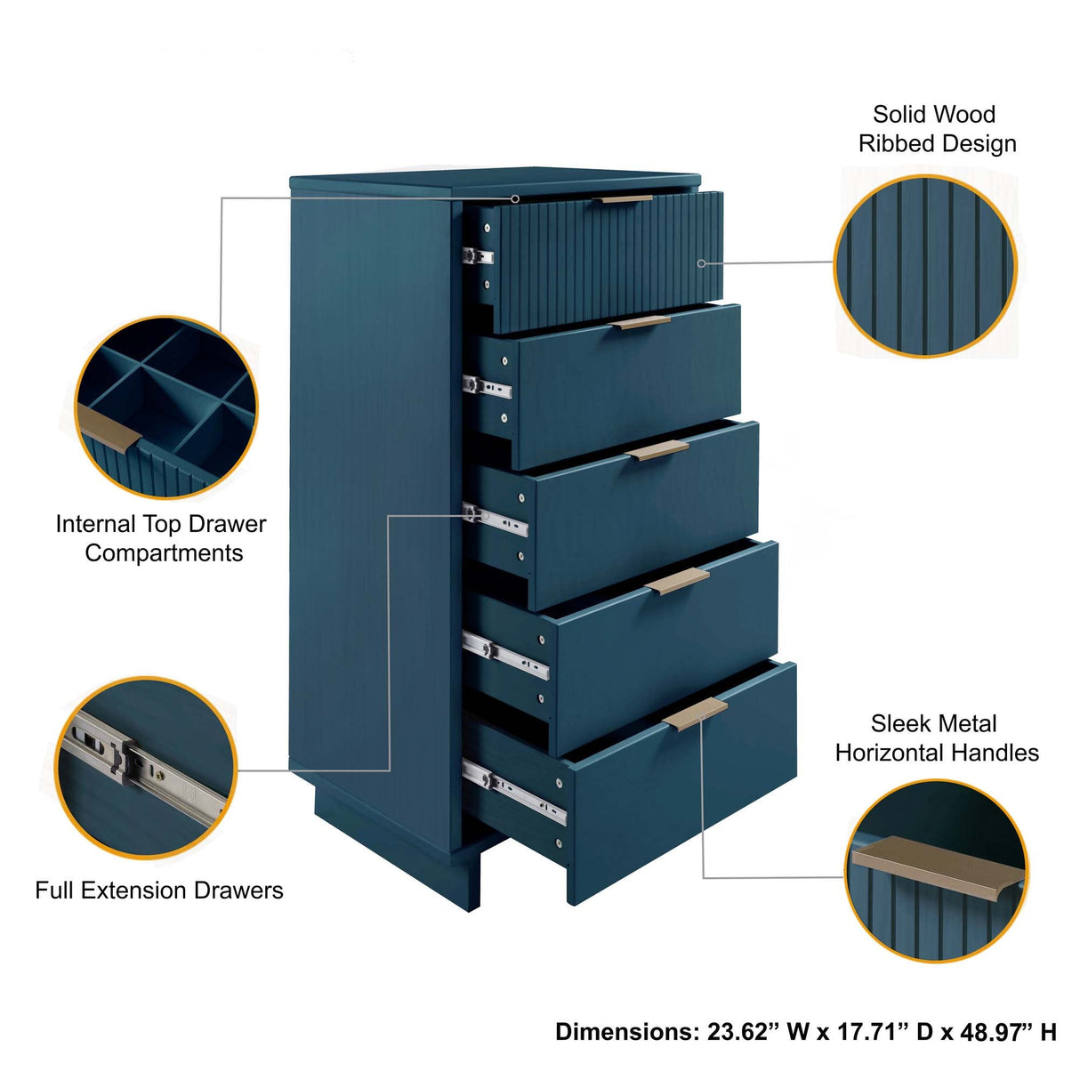 Granville 3-Piece Tall Narrow Chest, Double Dresser Set and Standard Dresser Set in Midnight Blue by Manhattan Comfort at Eve Furniture