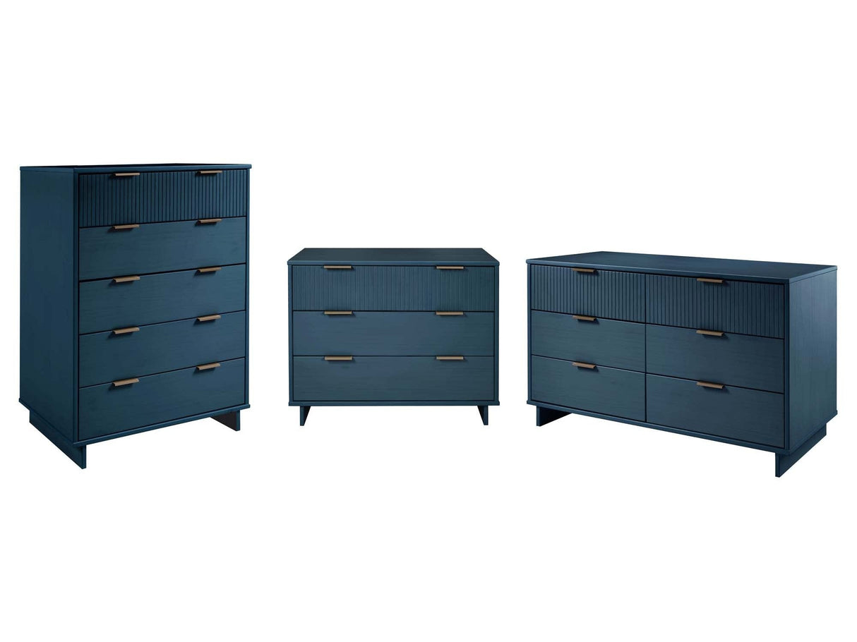 Granville 3-Piece Tall Narrow Chest, Double Dresser Set and Standard Dresser Set in Midnight Blue by Manhattan Comfort at Eve Furniture