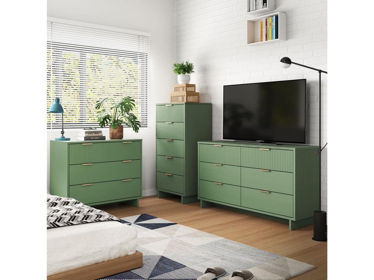 Granville 3-Piece Tall Narrow Chest, Double Dresser Set and Standard Dresser Set in Sage Green by Manhattan Comfort at Eve Furniture
