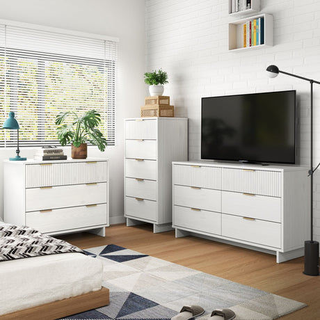 Granville 3-Piece Tall Narrow Chest, Double Dresser Set and Standard Dresser Set in White by Manhattan Comfort at Eve Furniture