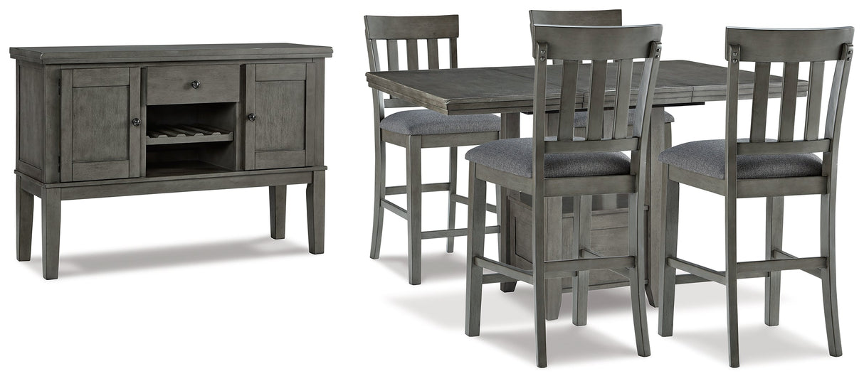 Hallanden Gray Counter Height Dining Table and 4 Barstools with Server