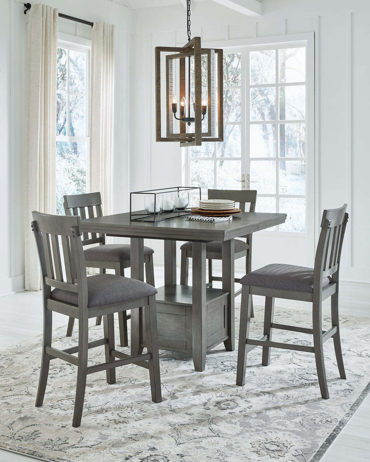 Hallanden Gray Counter Height Dining Table and 4 Barstools with Server