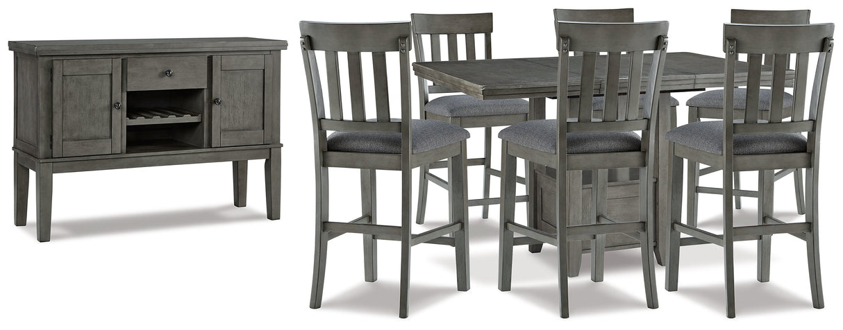 Hallanden Gray Counter Height Dining Table and 6 Barstools with Server