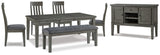 Hallanden Gray Dining Table, 4 Chairs, and Bench with Server