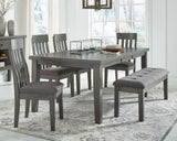 Hallanden Gray Dining Table, 4 Chairs, and Bench with Server