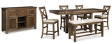 Moriville Grayish Brown Counter Height Dining Table with 4 Barstools, Bench, and Server